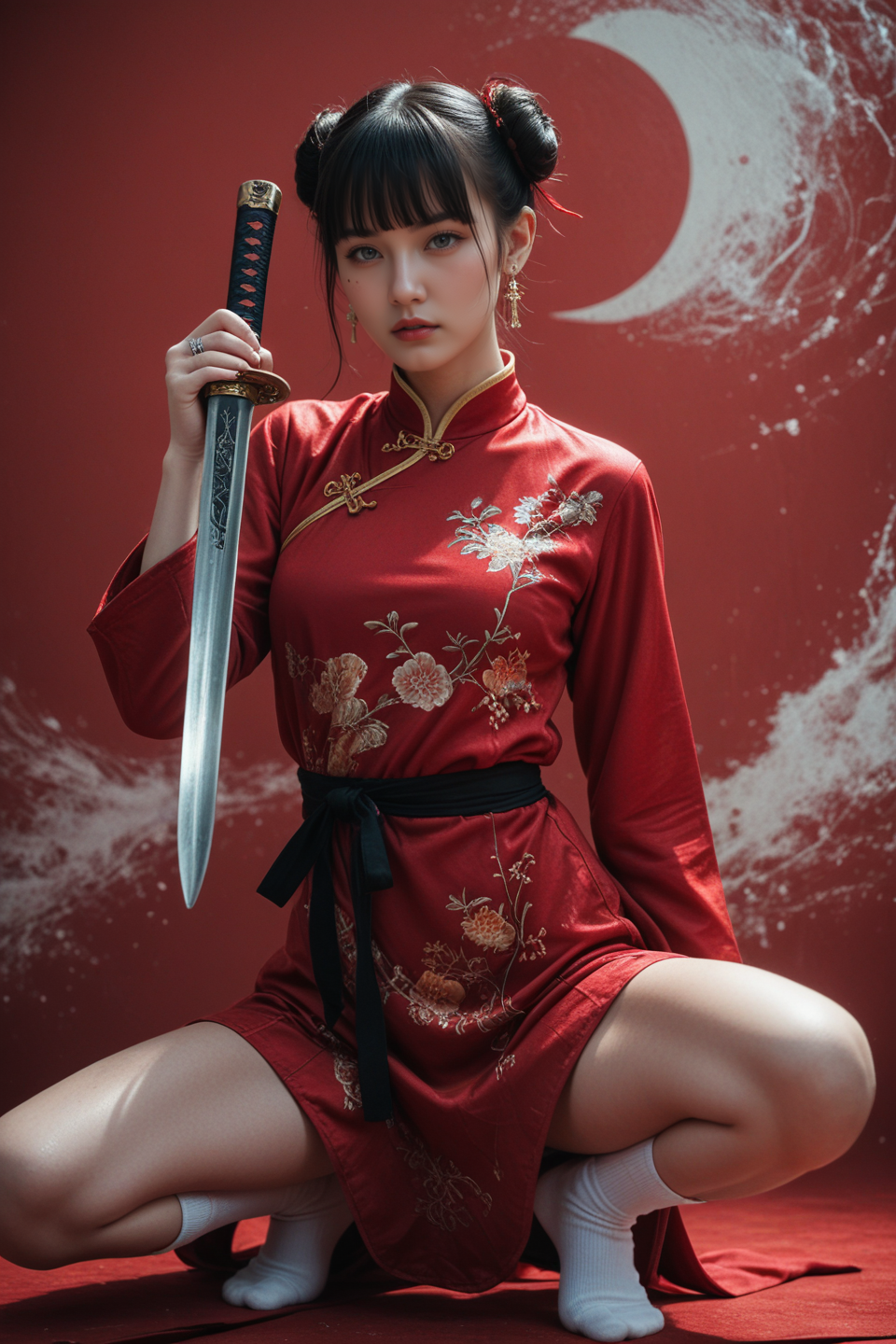 04013-2612528527-martial arts style,1girl,solo,looking at viewer,bangs,black hair,thighhighs,long sleeves,ribbon,holding,jewelry,weapon,earrings,.png